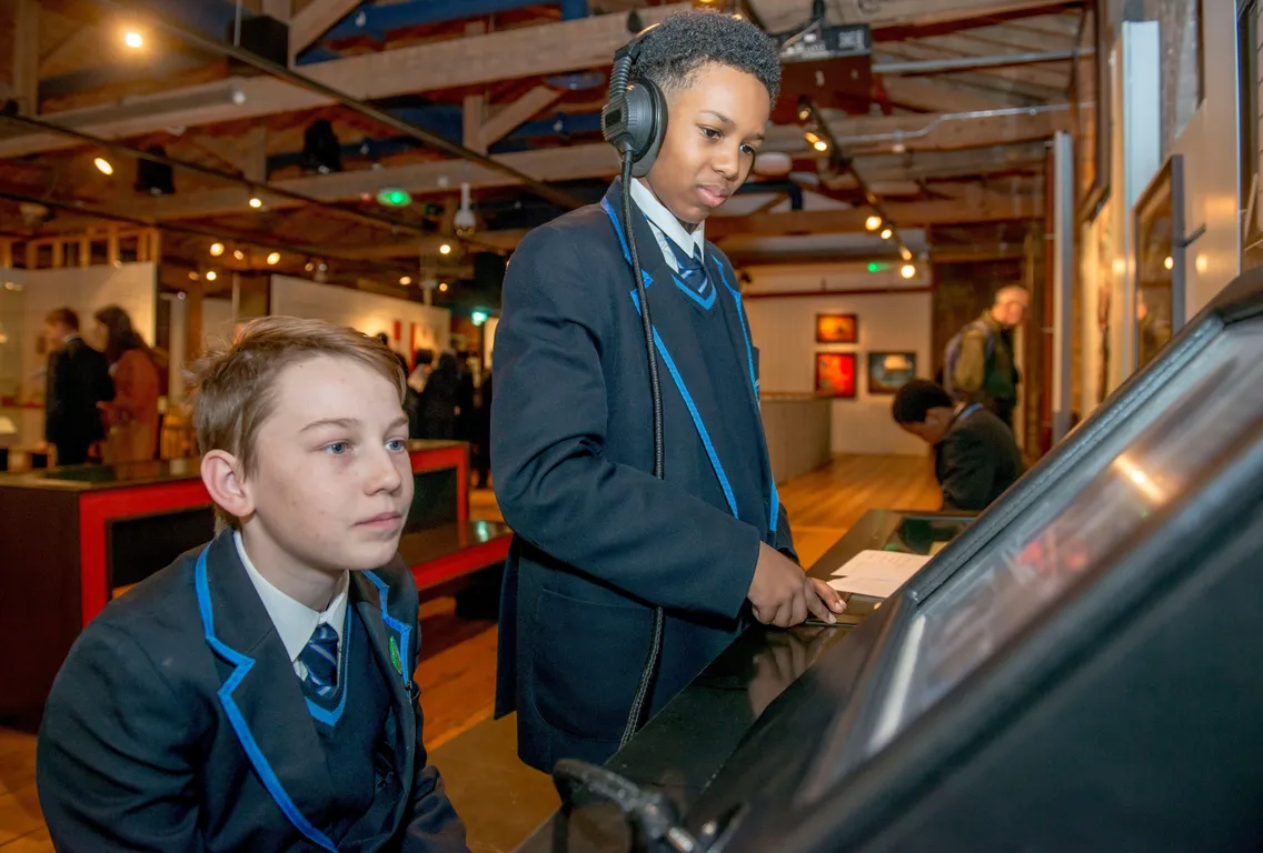 Schools taking part in gallery activities including object handling, drama with actors and craft.