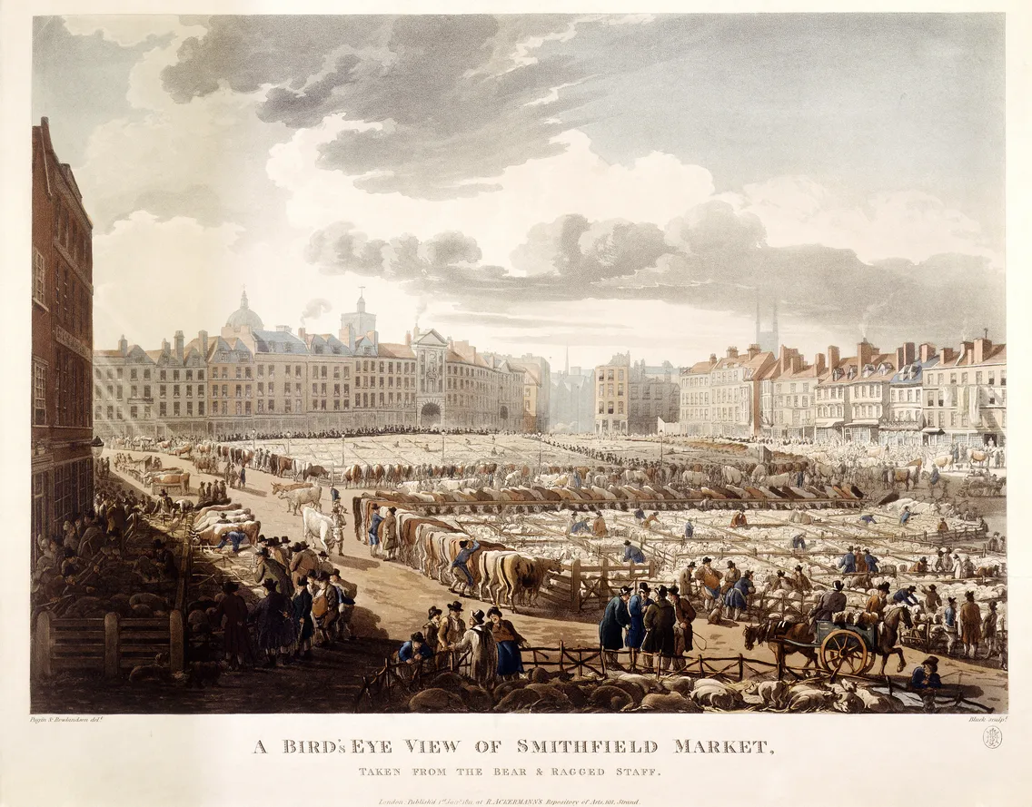 Historical print depicting a bustling smithfield market in the 19th century, with people and horse-drawn carts trading goods.