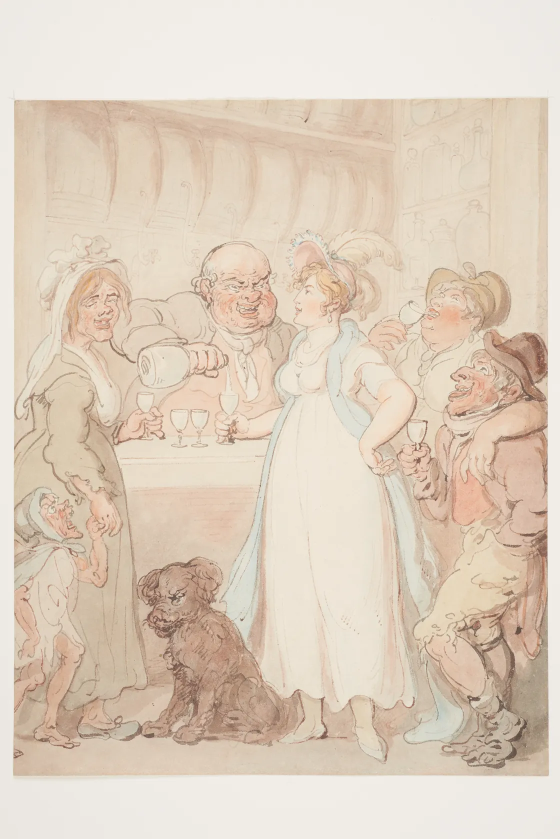 Illustration of five caricatured figures in an old-fashioned tavern setting, including a barmaid, two men, and a woman interacting jovially, with a dog in the foreground.