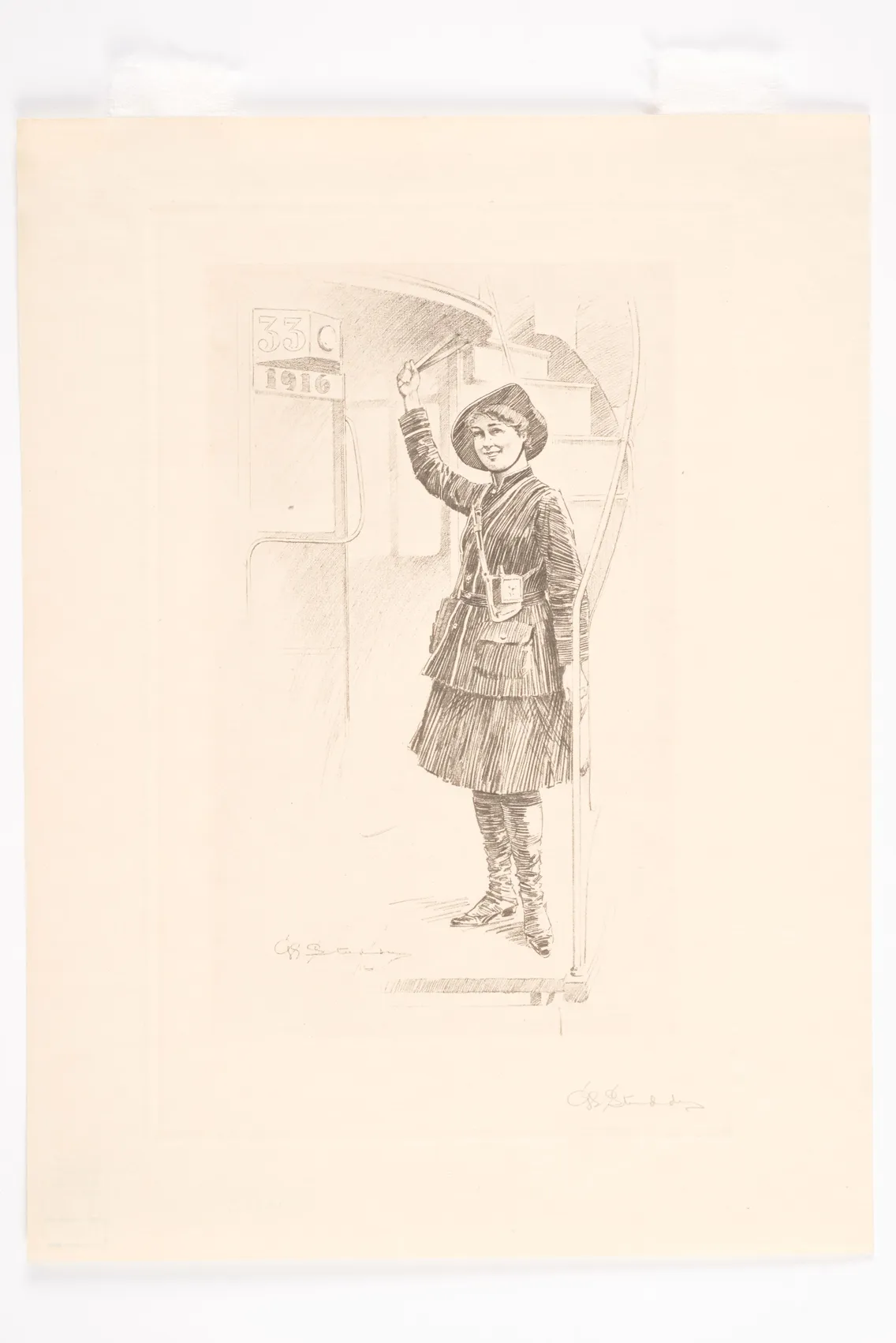 Illustration of a young woman in early 20th-century attire, stepping off a streetcar and waving, with a 25-cent fare sign visible behind her.