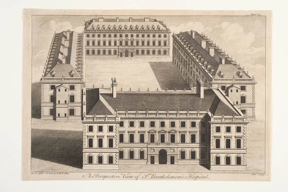An architectural drawing of St. Bartholomew's Hospital showing a large, multi-winged building in a bird’s-eye view perspective.