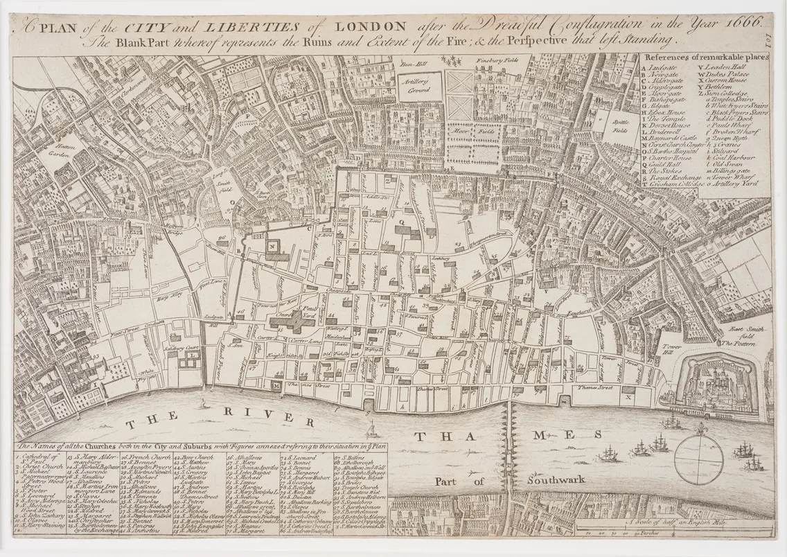 Historical map of london post-1666 great fire, detailing city layout and burned areas along the river thames, with annotations and a small compass rose.