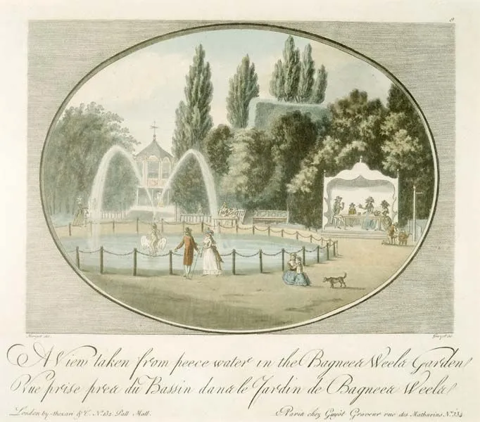 A historical print depicting a lively scene with people and fountains near a basin in the vauxhall gardens.