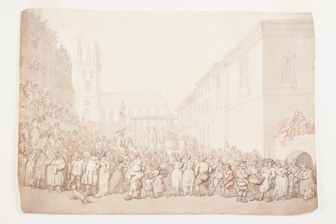 Historical sketch of a bustling town square scene with a large crowd of people, detailed buildings, and a statue in the center.