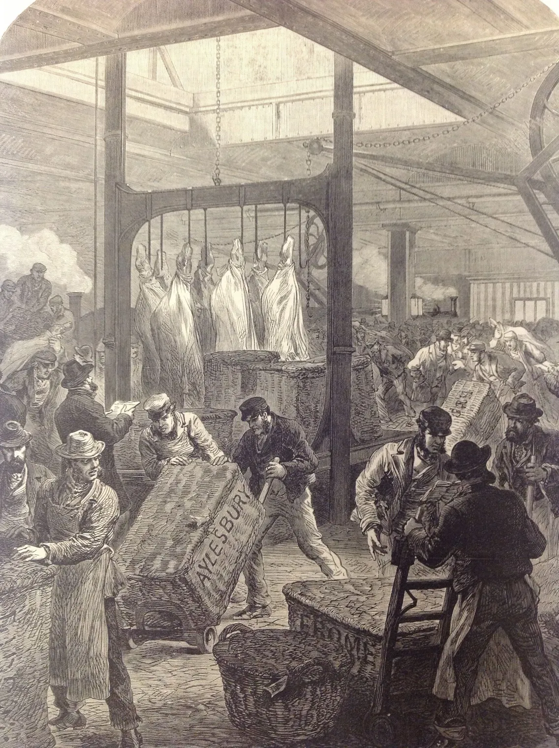Black and white engraving depicting workers processing sugar in a Victorian-era industrial setting, with some workers handling large crates and others managing hanging sacks of sugar.