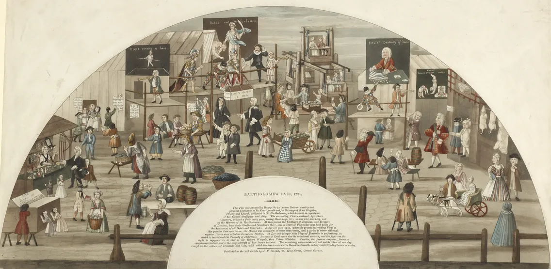 An 18th-century colored engraving depicting a bustling scene at bartholomew fair, london, with various entertainers, vendors, and patrons engaging in activities.