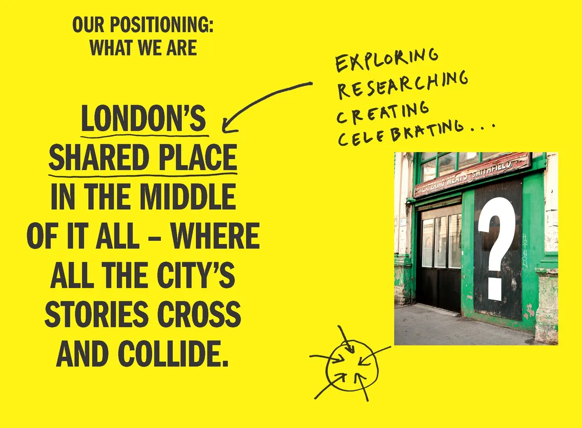 London shared place visual from brand workshops in 2020. Text reads: London's shared place in the middle of it all - where the city's stories cross and collide.Exploring, researching, creating, celebrating
