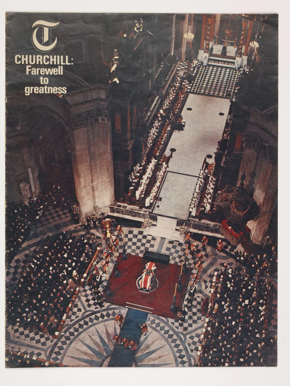 Old magazine cover featuring a high-angle view of winston churchill’s funeral in a cathedral, with text "churchill: farewell to greatness" at the top.