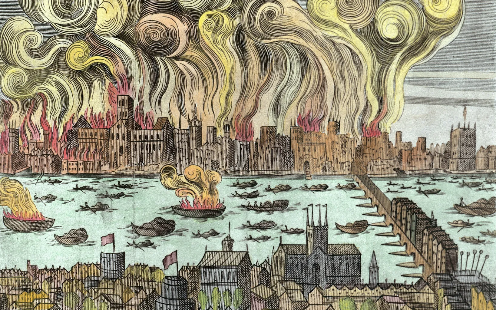 Coloured version of opening pages of Shlohavot, or, The burning of London in the year 1666