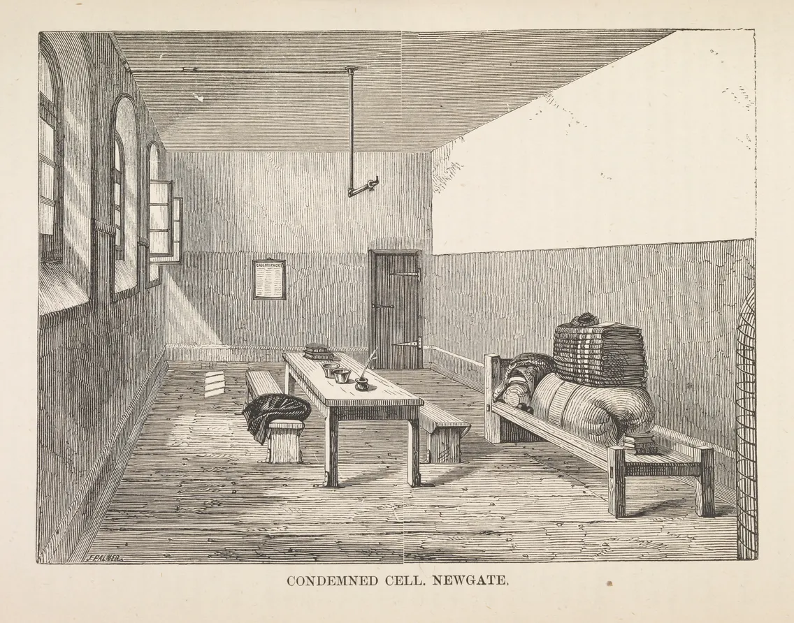 Illustration of a condemned cell at Newgate prison with a bed, table, chair, and stacks of bedding, titled "CONDEMNED CELL, NEWGATE.