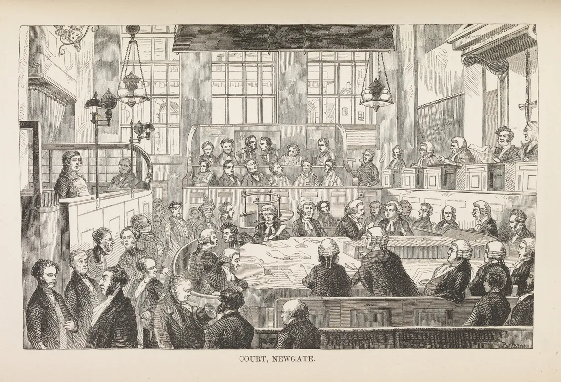 19th-century engraving of a busy courtroom scene at Newgate, depicting numerous spectators, a judge, and various legal officials.