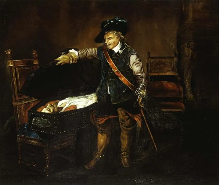 A painting depicting an older man with a hat, opening a large chest to reveal a body inside, set against a dark, moody background.