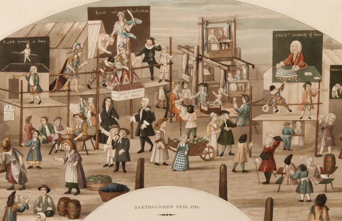 Illustration of Bartholomew Fair in 1721 with various people participating in activities, market stalls, and performances.