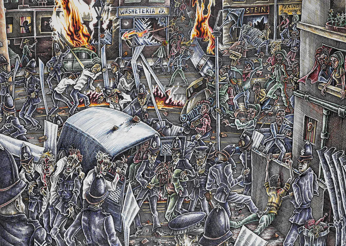 Detailed illustration of a chaotic urban scene featuring numerous animated characters in a riot-like setting, with fires and a police car in the midst of the turmoil.