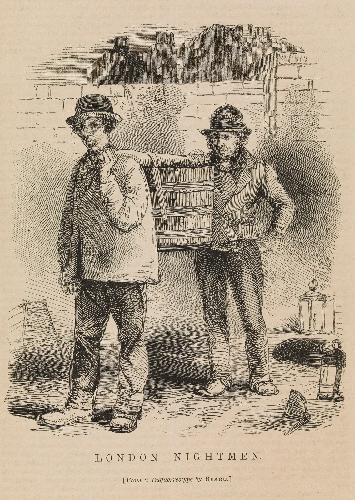Illustration showing two London nightmen, depicted carrying tools and wearing work clothes, standing against a brick wall with a backdrop of a cityscape.