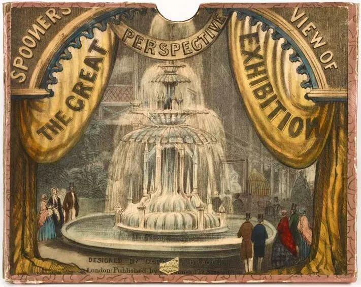 Antique illustration of "the great perspective view of exhibition," featuring a grand fountain surrounded by visitors and draped curtains.