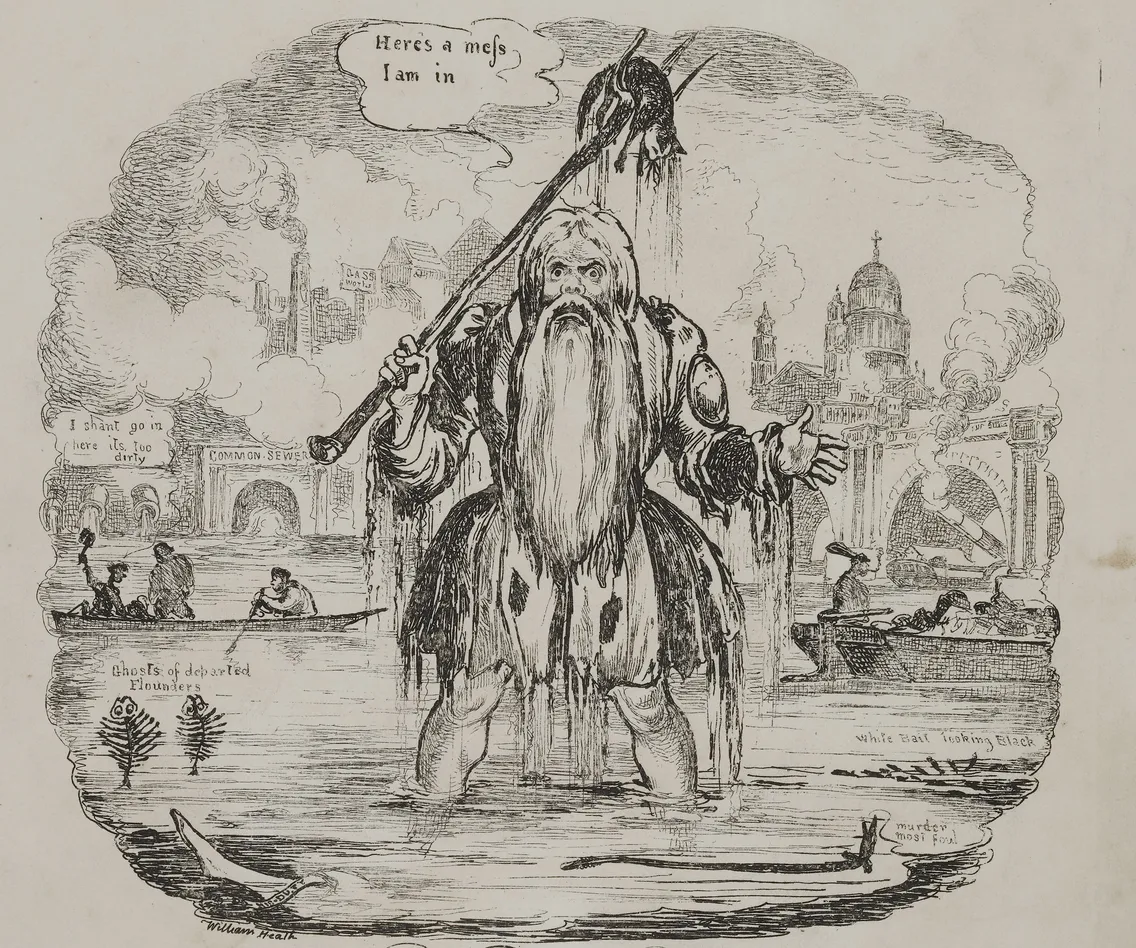 A bearded man stands in water holding a staff, surrounded by boats and buildings. The caption above reads, "Here's a mess I am in." Figures in boats and words in the background are seen.