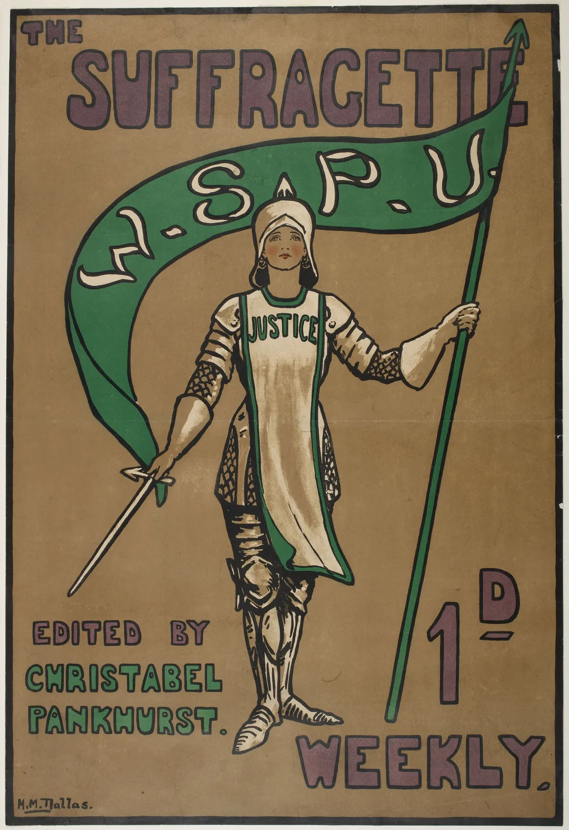 Vintage poster of "the suffragette" newspaper featuring a woman in medieval armor holding a flag with "nsapu" and "justice," edited by christabel pankhurst.