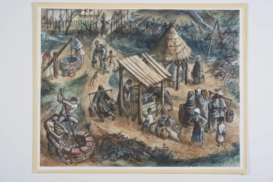 An ancient scene depicting people engaged in various activities such as drawing water from a well, carrying loads, and conversing near huts and pathways.