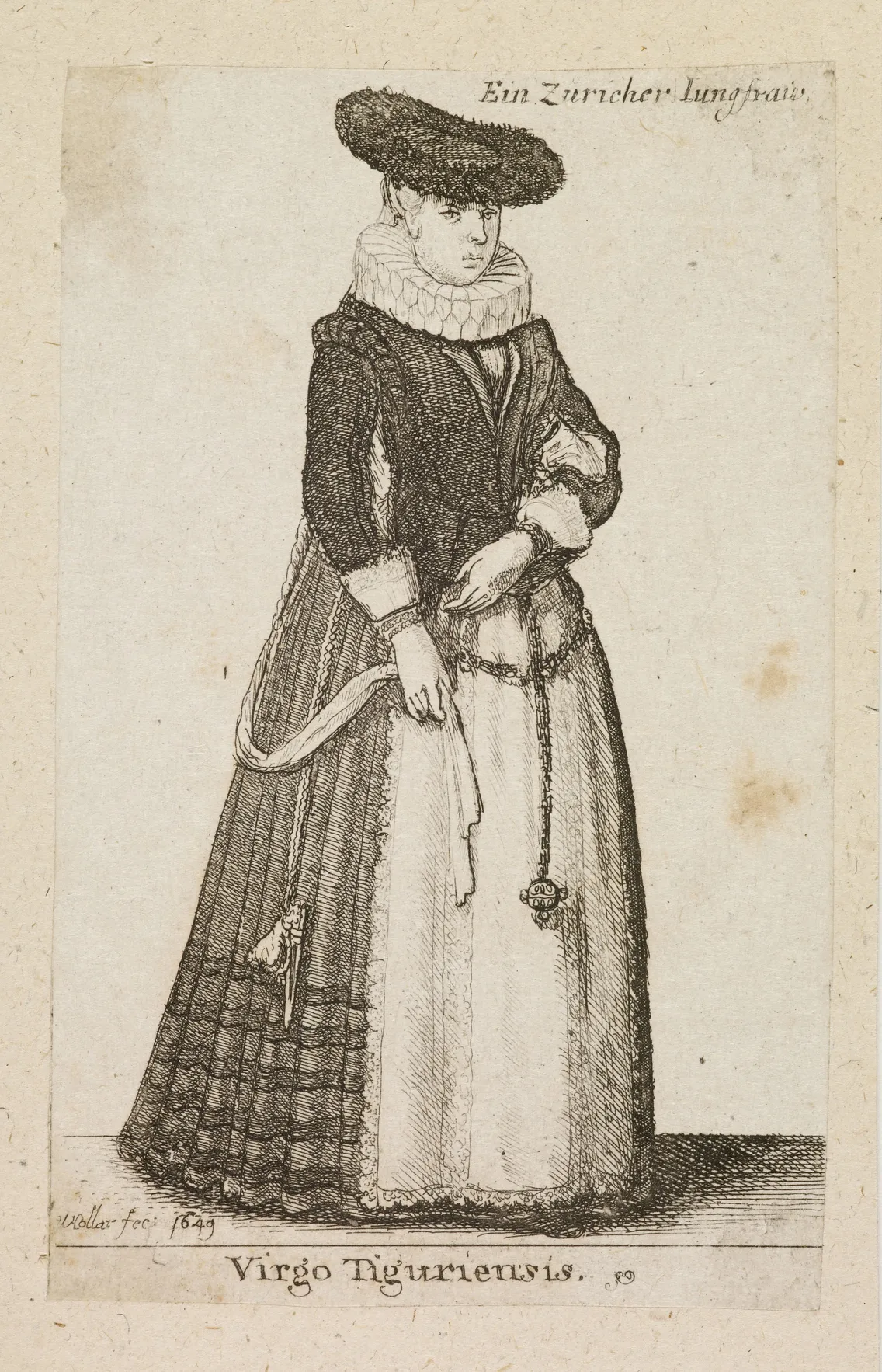 Etching of a woman in traditional 17th century zurich attire, featuring a hat, ruffled collar, and full-length dress, titled "ein zürcher jungfrau.