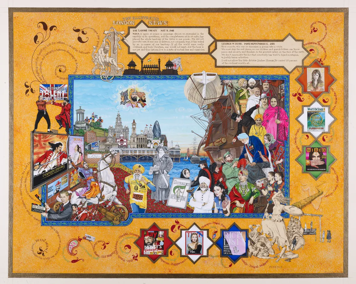Illustrative collage featuring historical and cultural references from london, with colorful images of people, landmarks, and events placed within ornate frames on a patterned background.