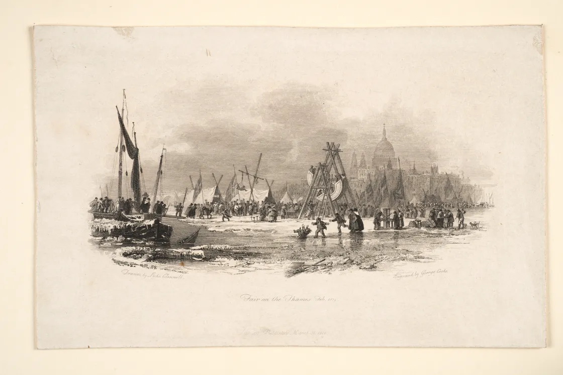 Antique print depicting a busy river scene with boats and figures, with a city skyline in the background.