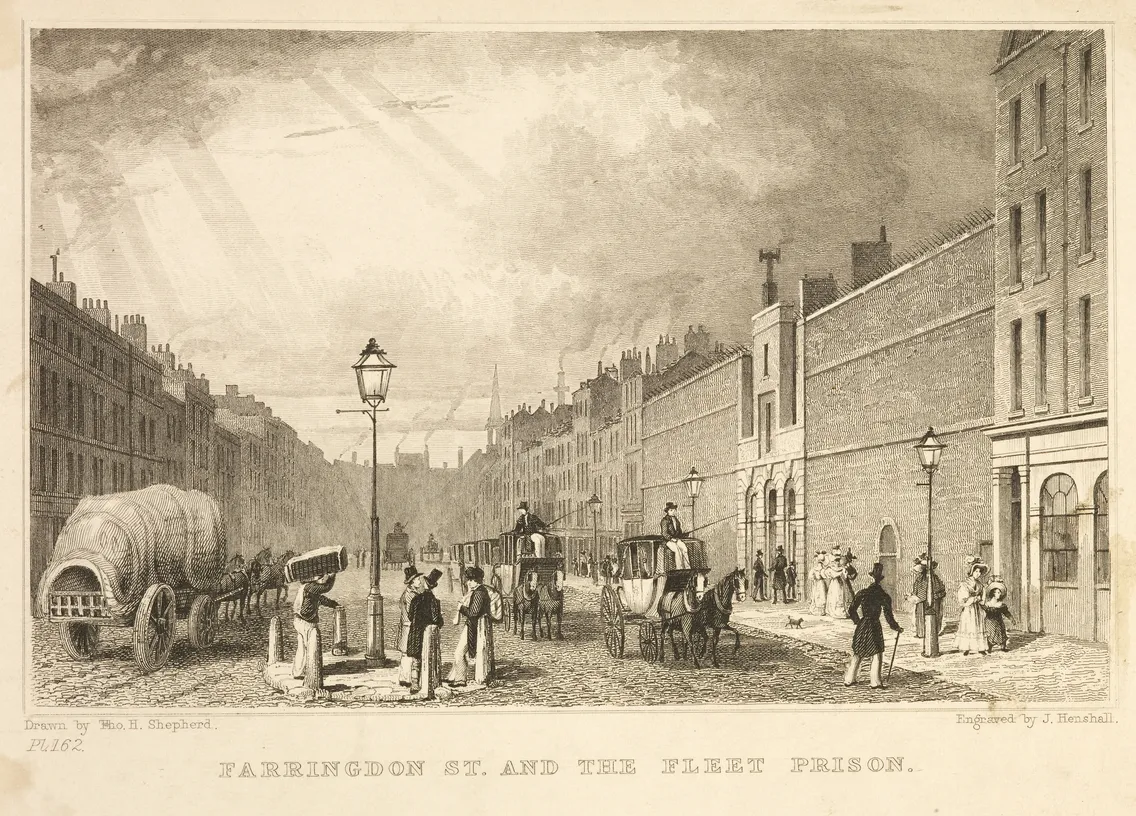 19th-century etching of farringdon street and fleet prison in london, depicting street scene with horse-drawn vehicles and pedestrians.