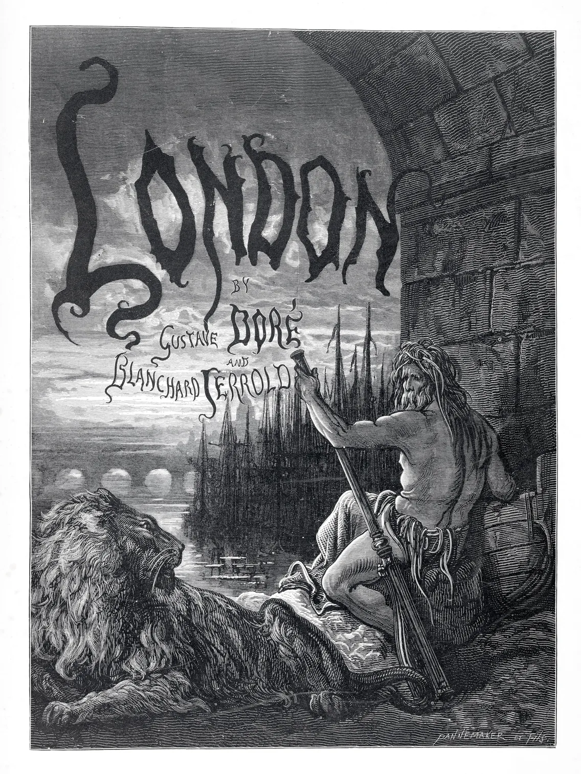 Illustration for "london" by gustave doré, depicting a figure resembling father thames with a lion, under an archway looking out over the river thames.