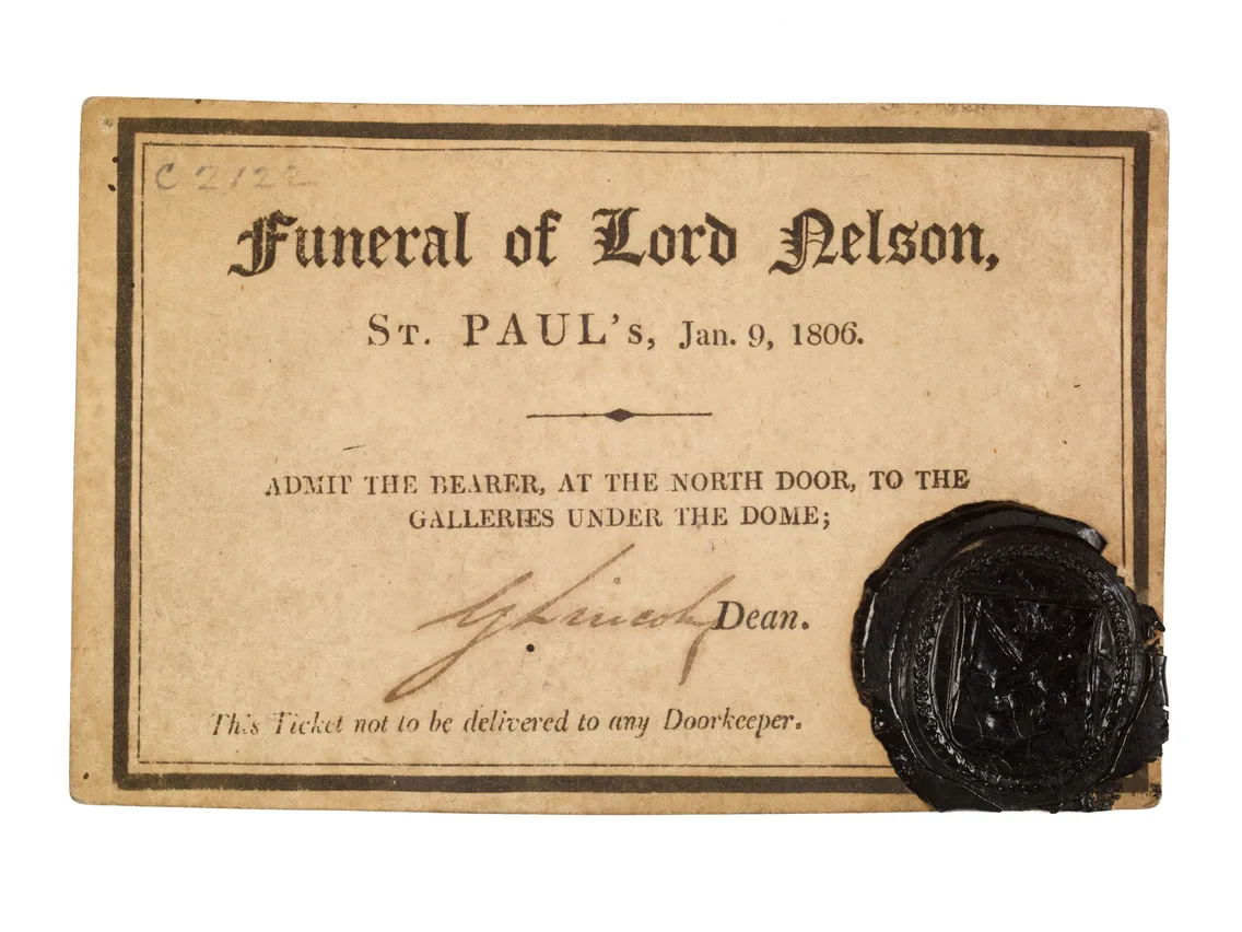 Admission ticket for lord nelson's funeral at st. paul's cathedral dated january 9, 1806, featuring a black wax seal and handwritten text.