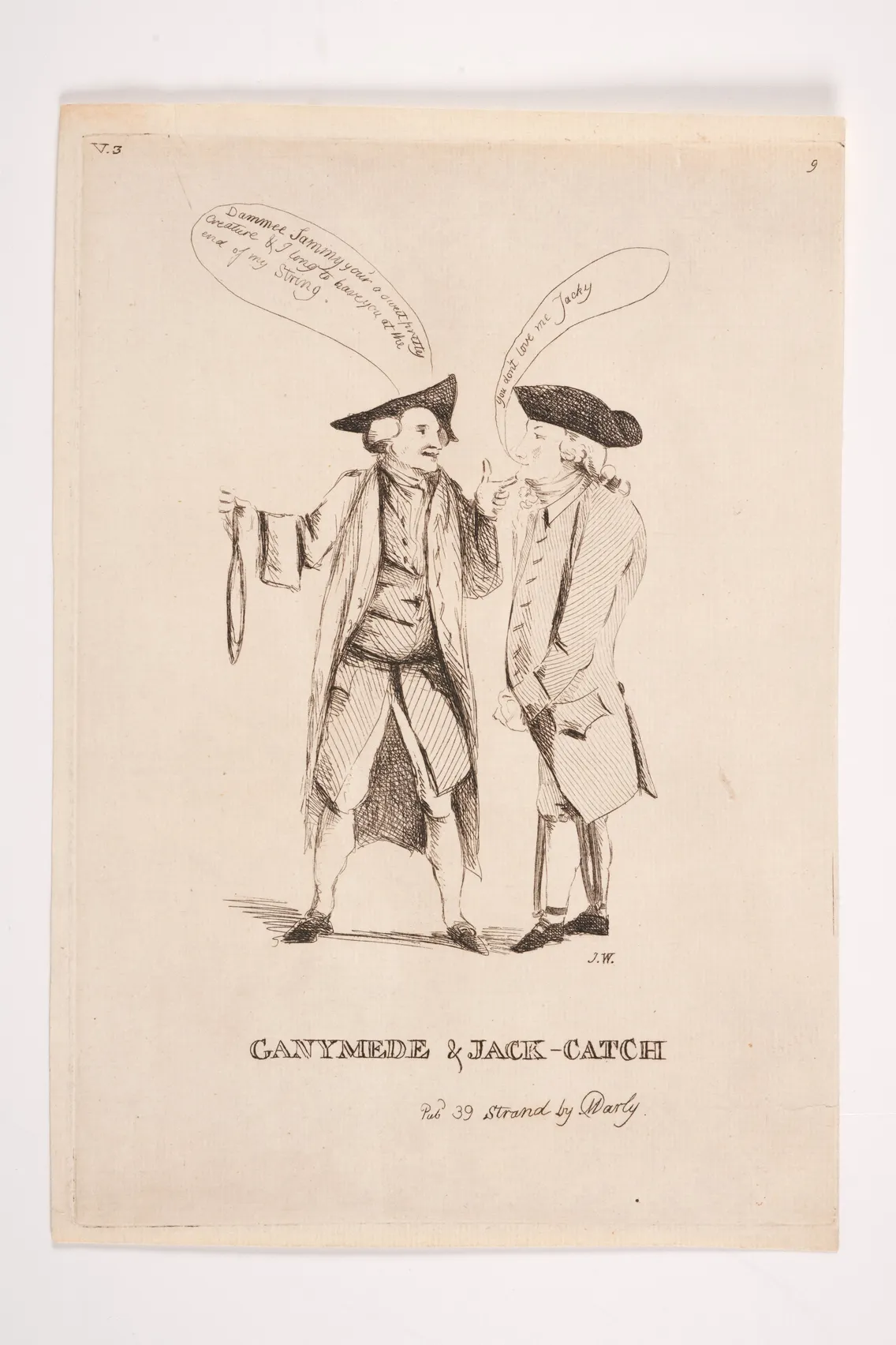 A historical illustration titled "Ganymede & Jack-Catch" featuring two men in 18th-century attire, one holding a rope. Text bubbles contain dialogue above their heads.