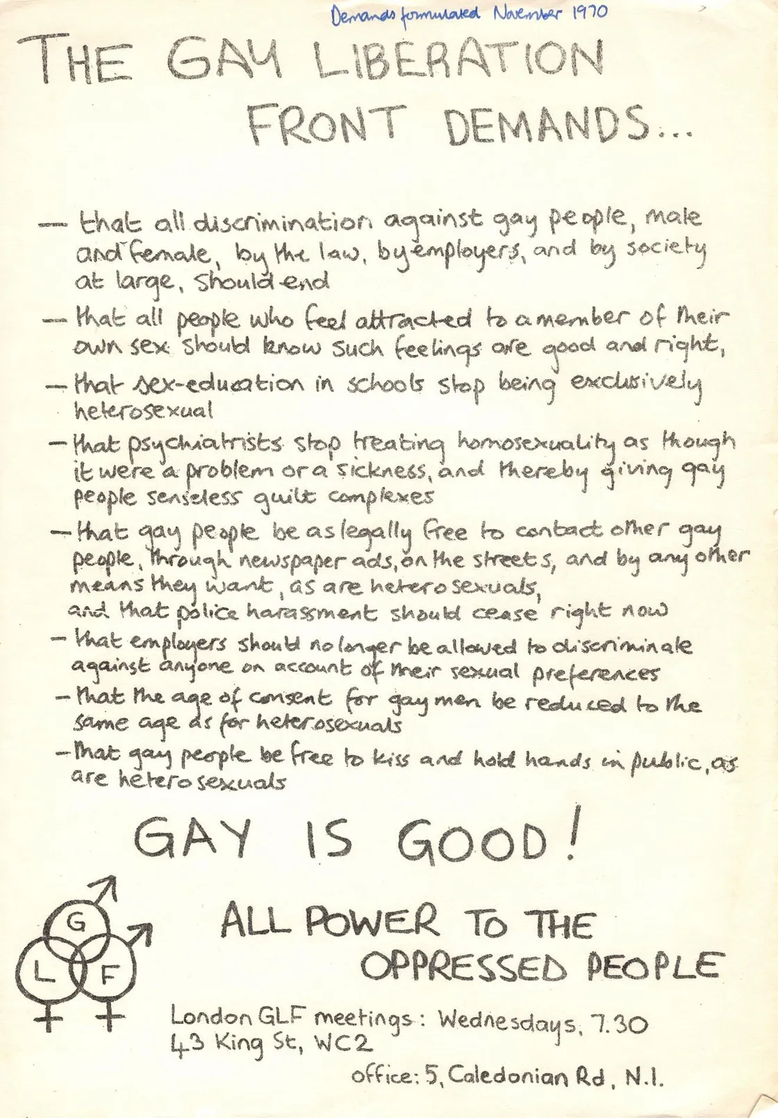 A handwritten list titled "The Gay Liberation Front Demands" outlines various social and political demands for gay rights, ending with the phrases "Gay is good!" and "All power to the oppressed people.