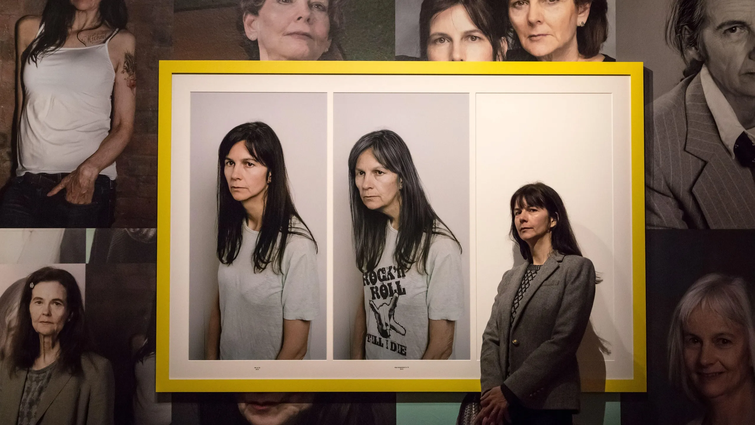 HT7WW7 London, UK. 8th March, 2017. Turner-Prize winning artist Gillian Wearing unveils her massive new portrait Rock nroll 70 wallpaper a computer-generated impression displayed on an entire wall of the National Portrait Gallery. © Guy Corbishley/Alamy Live News