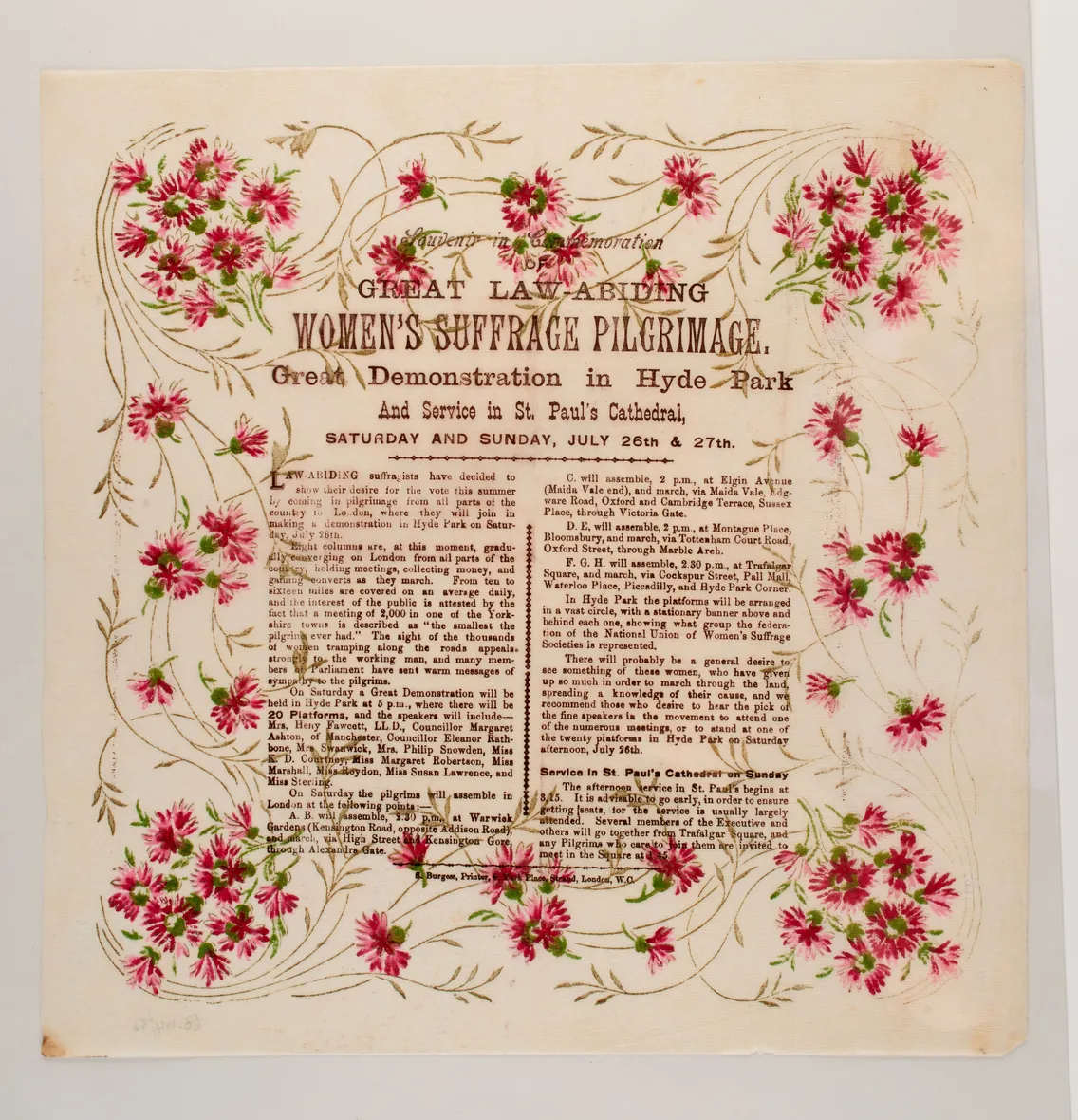Historical poster with floral design announcing the great labouring women's suffrage pilgrimage and demonstration in hyde park, dated july 26th and 27th.