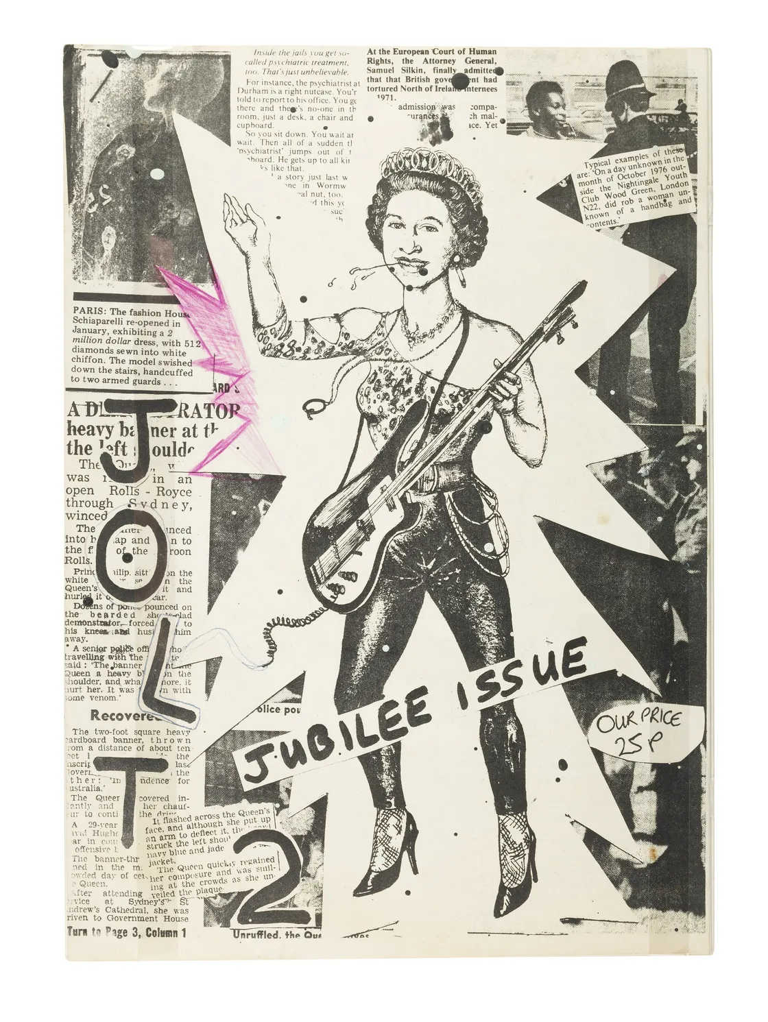 Collage featuring a Queen Elizabeth playing a guitar superimposed on a newspaper background with various images and text, highlighted with a pink arrow.
