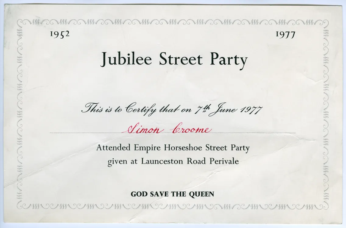 Certificate titled "jubilee street party" dated june 7th, 1977, celebrating simon broome's attendance at an event on launceston road perivale, with the slogan "god save the queen.