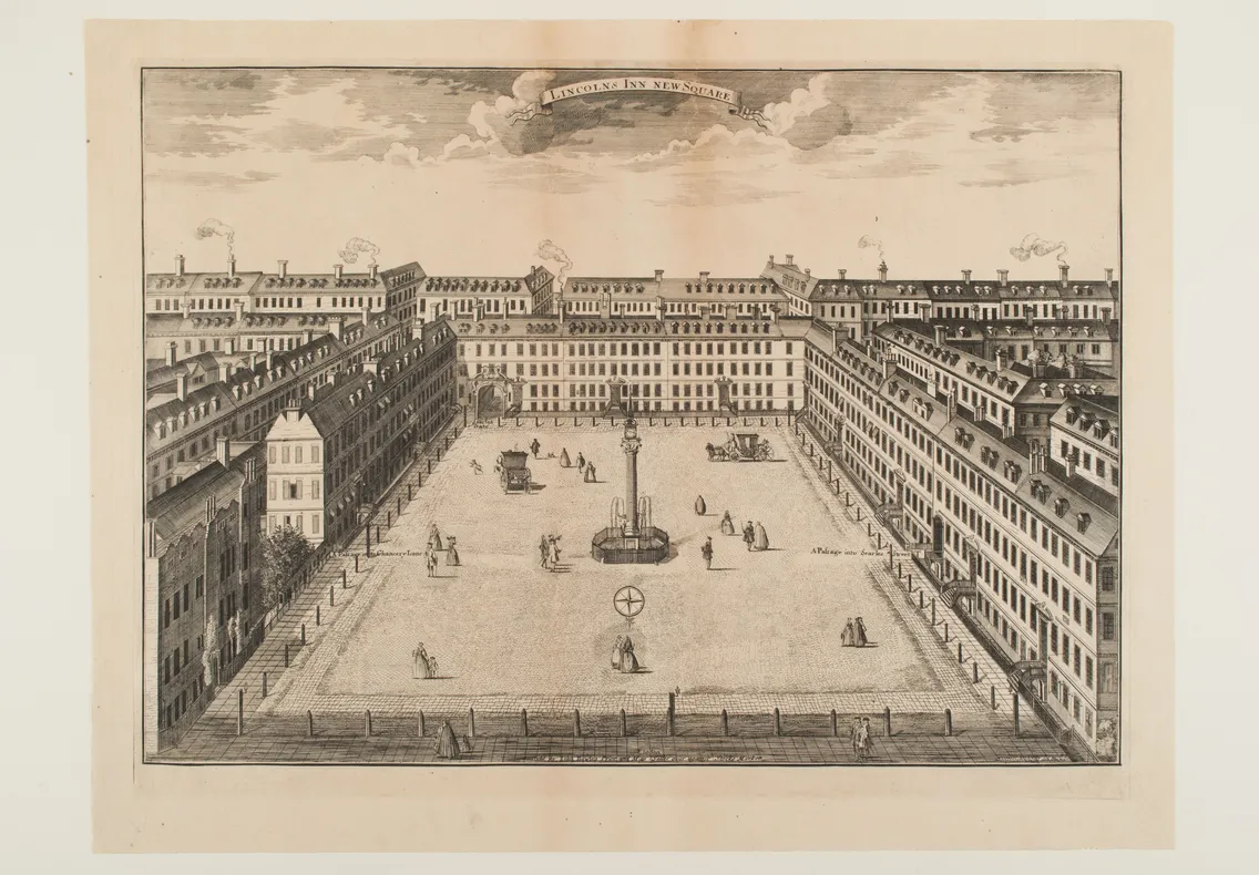 Historical print depicting a spacious urban square surrounded by uniform buildings, with small figures and horse-drawn carriages, under a cloudy sky. a banner reads "place de vendôme.