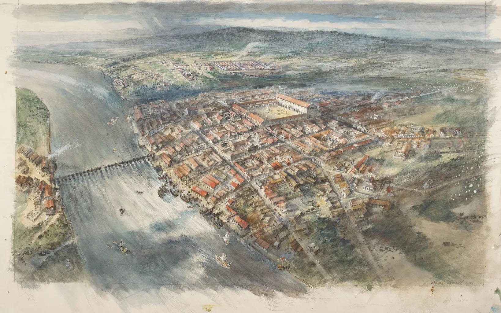 Aerial view of an ancient riverside city with a bridge, numerous buildings, and a prominent central structure surrounded by walls.