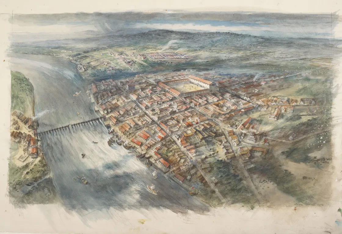 Aerial view of an ancient riverside city with a bridge, numerous buildings, and a prominent central structure surrounded by walls.