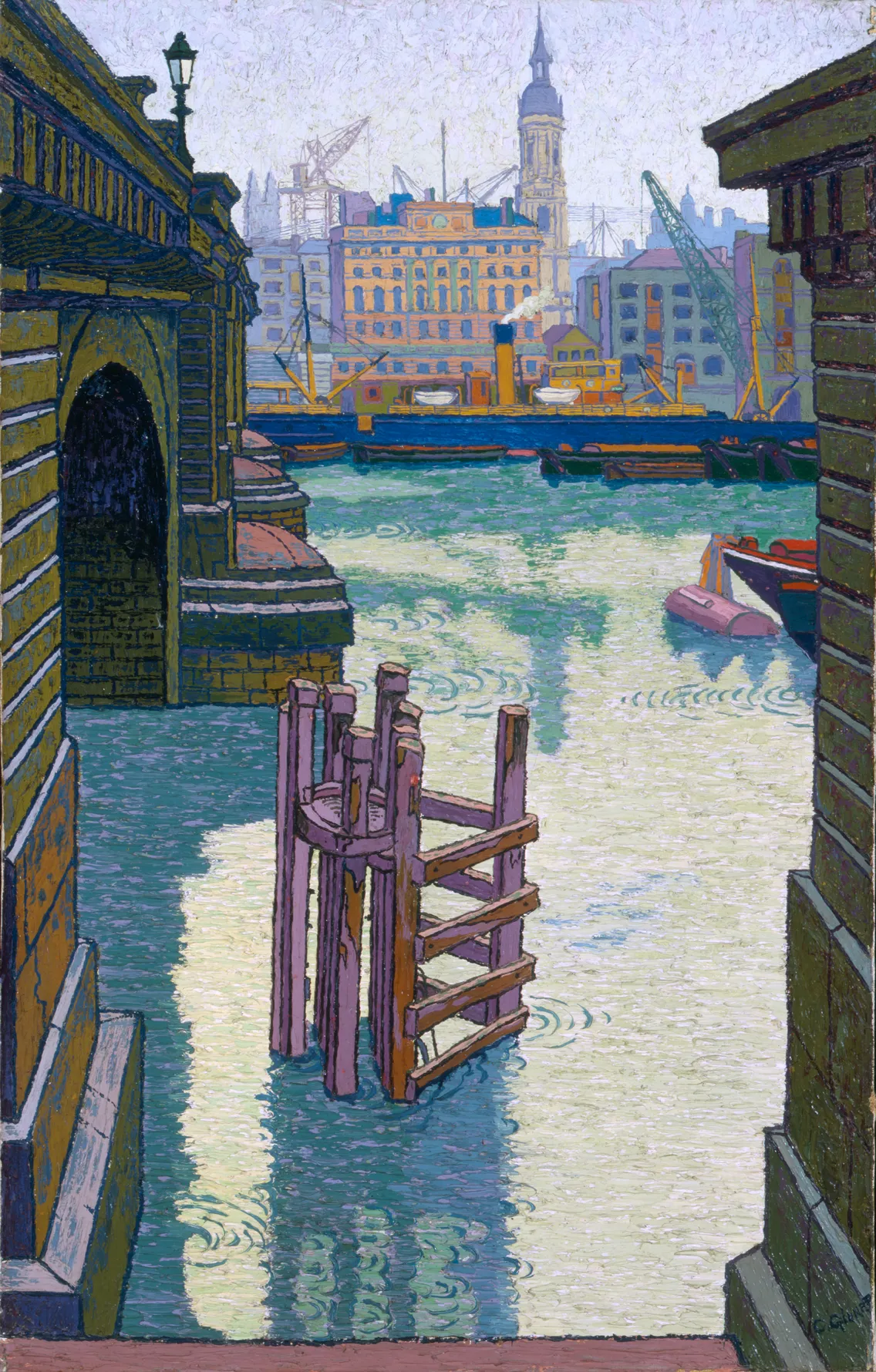 Painting of a tranquil canal scene with boats, a wooden dock, and industrial buildings in the background, featuring a vivid, stylized color palette.