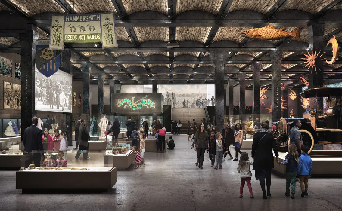 People explore exhibits in a large, well-lit museum hall featuring various artifacts, art pieces, and historical displays. The ceiling has an industrial look with arches and exposed bricks.