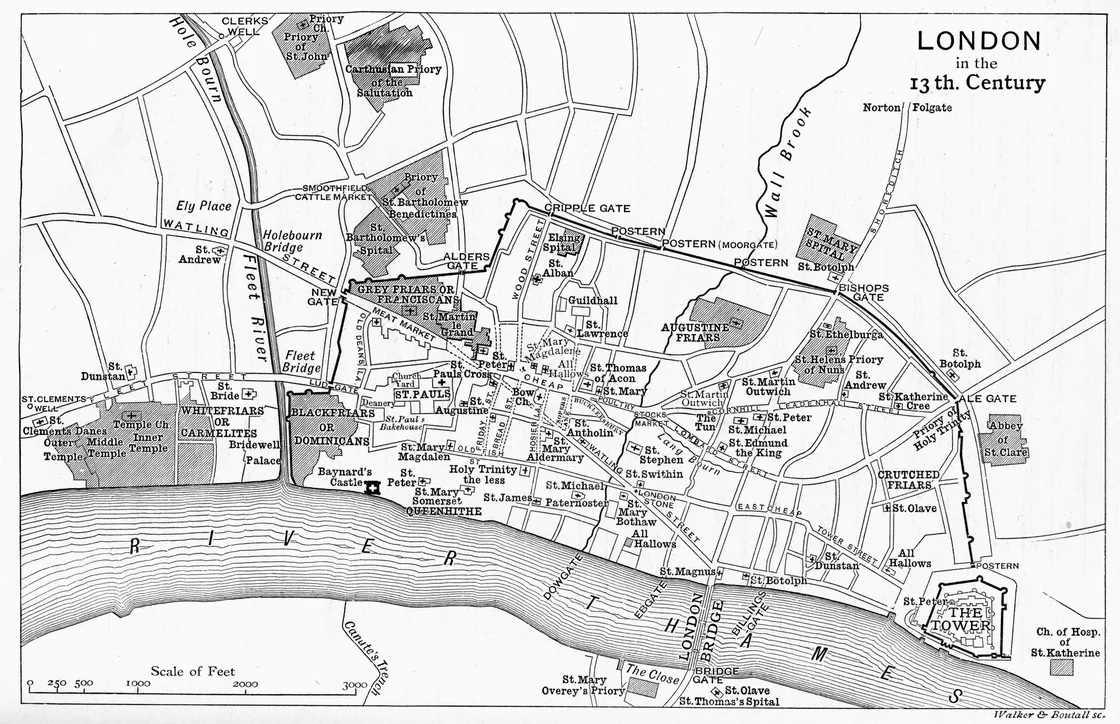 A black and white map of 13th century London, showing various streets, gates, rivers, and key locations such as St. Paul's, the Tower, and the River Thames.