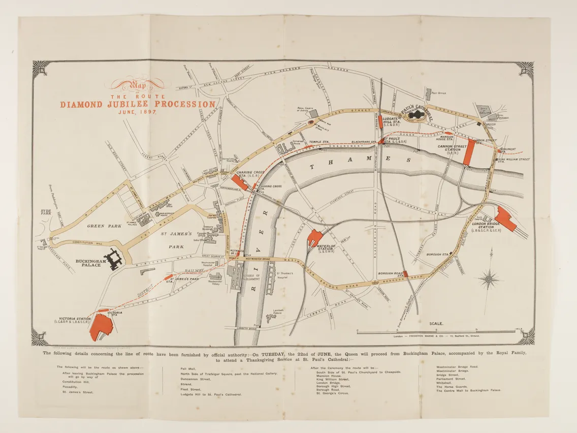 Historical map of the diamond jubilee procession route in 1897 through central london, featuring notable landmarks and the river thames.