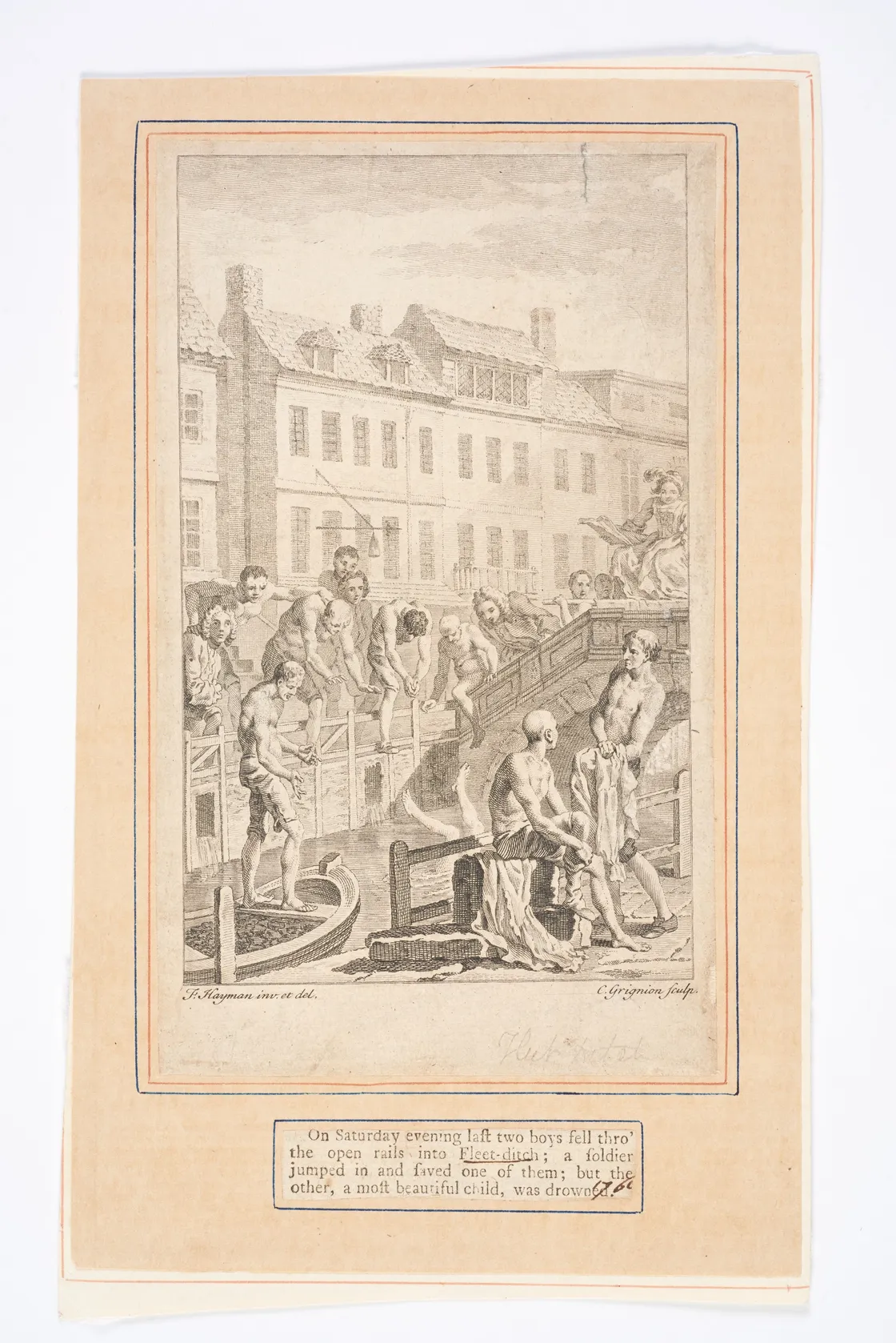 An old sepia-toned illustration depicts people by a canal in a colonial-era town. A handwritten note at the bottom describes an incident involving two boys falling into the water.