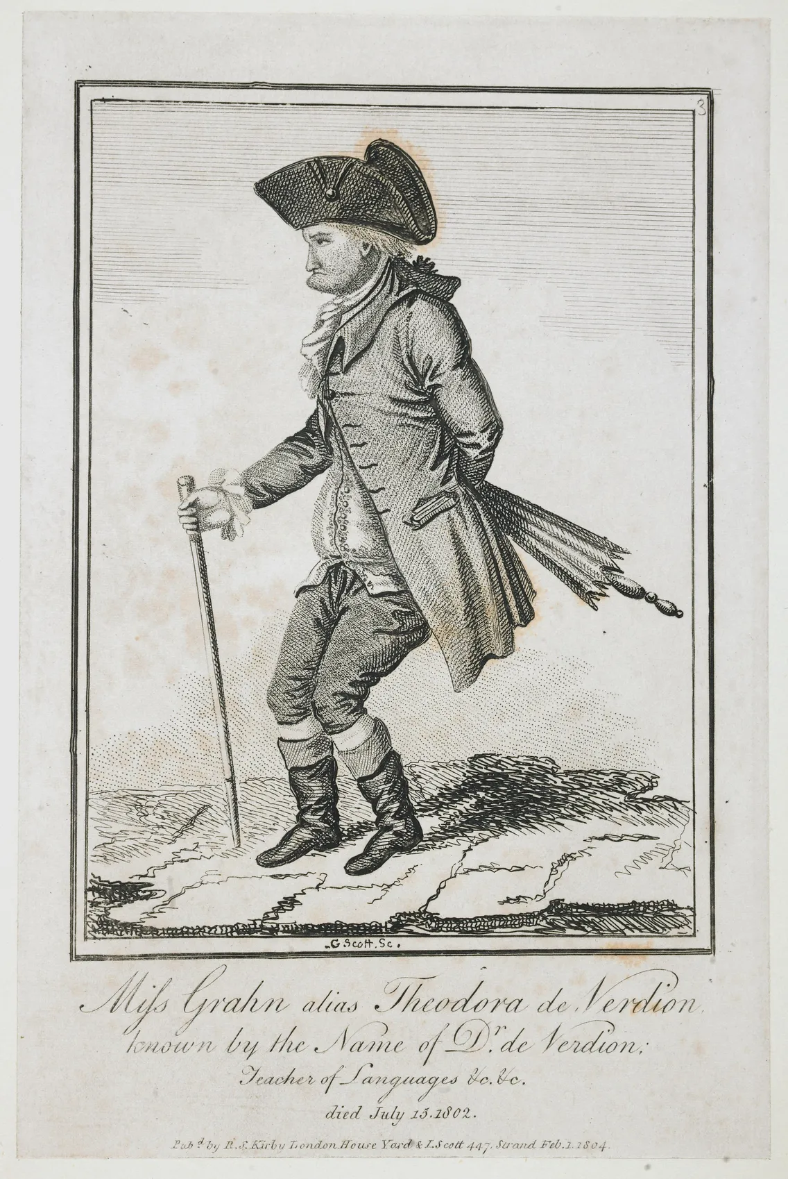 A historical illustration of a person named Miss Grahn alias Theodora de Verdion in 1802, dressed in period clothing, holding a cane, and an umbrella under one arm.
