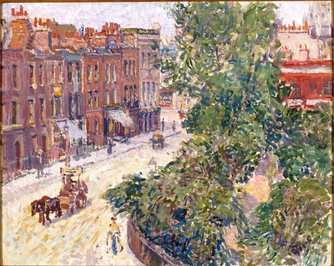 Painting of a bustling evening scene on a city street with pedestrians and carriage traffic, featuring detailed architecture and soft lighting.