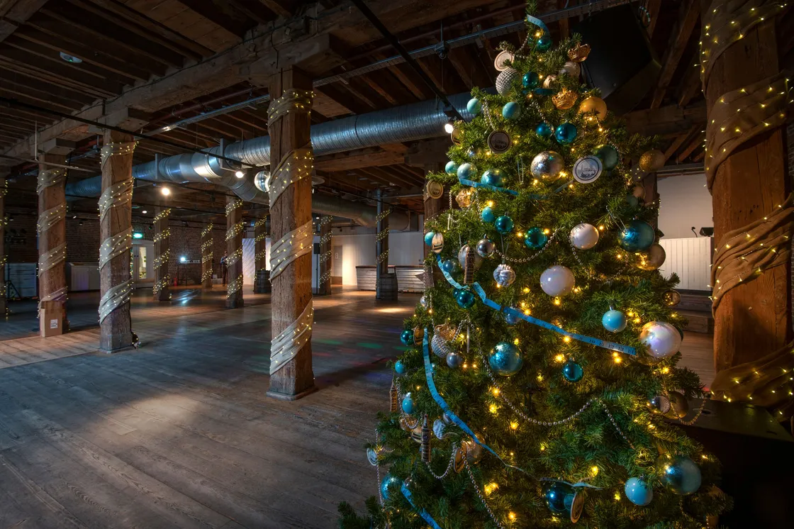 A decorated Christmas tree stands in a dimly lit room. The room has wooden beams wrapped in fairy lights and a wooden floor.