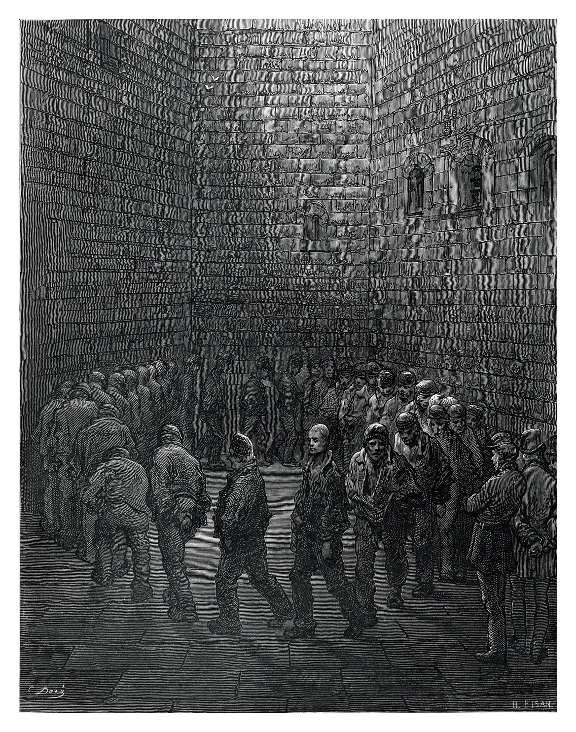Black and white illustration of a group of prisoners standing in a dimly lit, brick-walled prison corridor, overseen by guards.