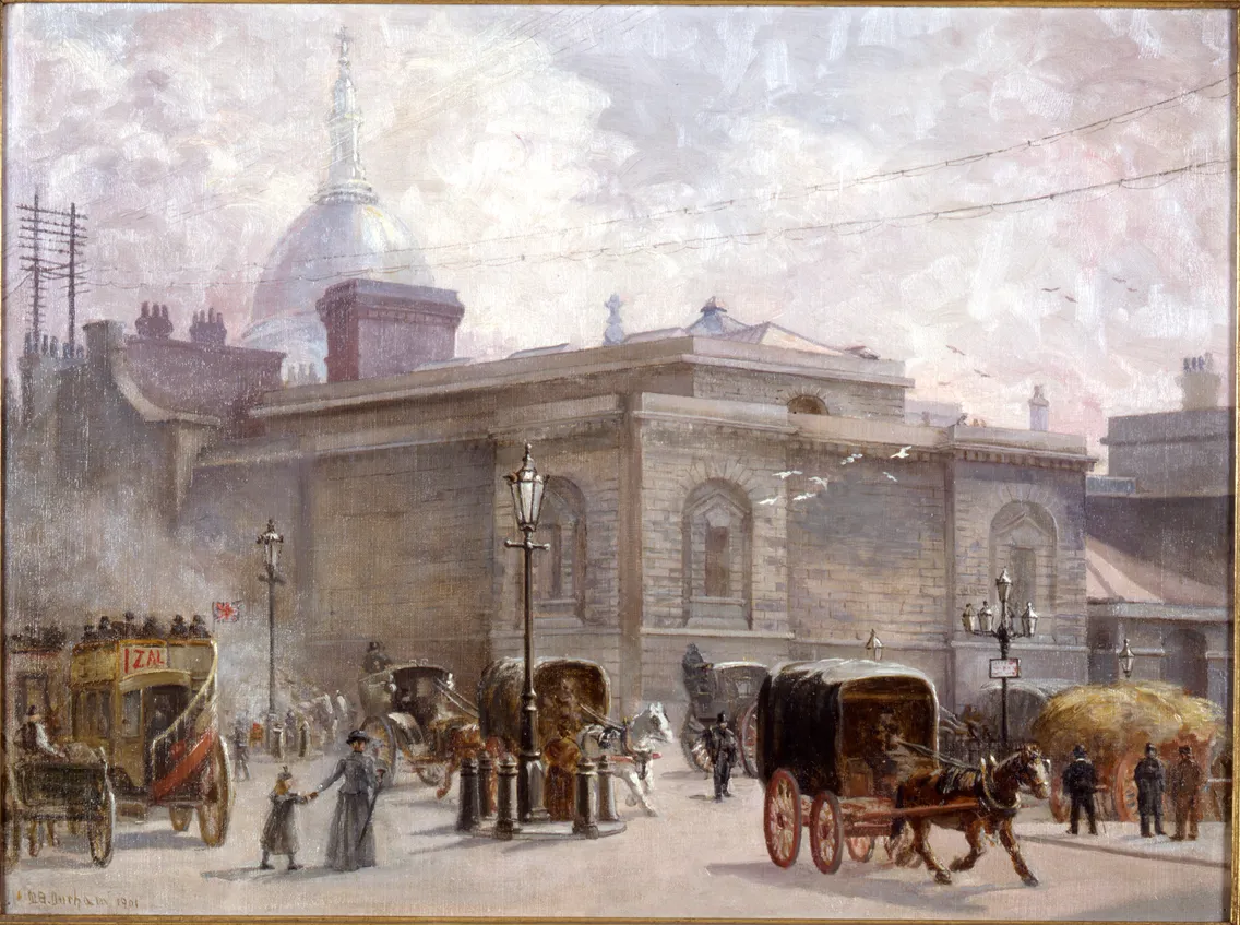 Historical painting of a bustling city street scene around the large brick Newgate prison, with horse-drawn carriages, pedestrians, street lamps, and buildings under a hazy sky.