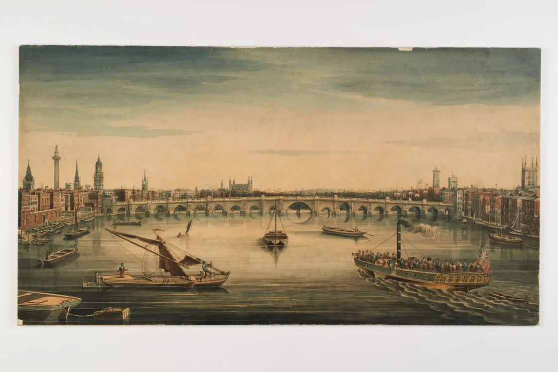 Watercolour of a long bridge crossing a wide river, featuring boats in the foreground.