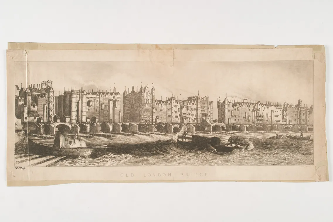 Drawing of a long bridge with houses and buildings on it. There are heads impaled on spikes on the left side, and people on boats in the rough waters in the foreground.